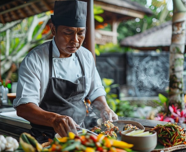 Private chef preparing traditional Balinese cuisine in a luxury villa kitchen. Private chef preparing traditional Balinese cuisine in a luxury villa kitchen.