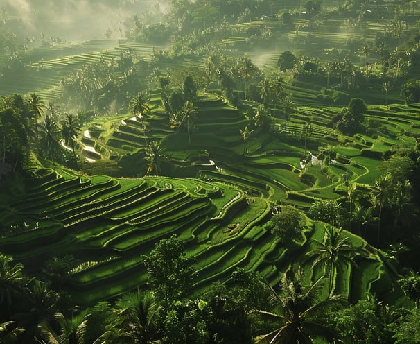 Aerial view of Ubud's terraced rice paddies, showcasing intricate patterns and vibrant greens. Aerial view of Ubud's terraced rice paddies, showcasing intricate patterns and vibrant greens.