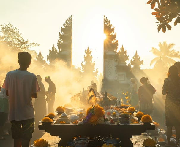 Morning tranquility at Pura Petitenget with devotees making offerings. Morning tranquility at Pura Petitenget with devotees making offerings.
