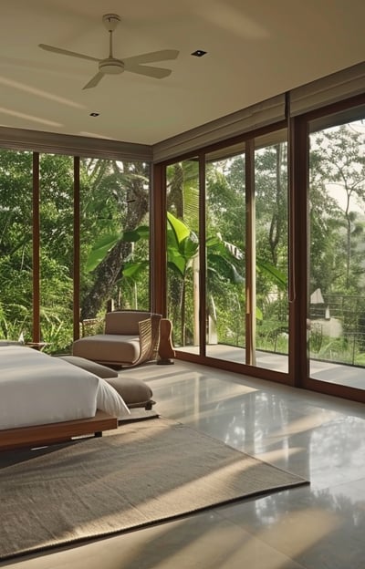 Tranquil Ungasan villa bedroom with panoramic windows revealing the lush forest landscape.