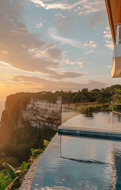 Breathtaking daytime view of an Uluwatu oceanfront villa with an infinity pool overlooking the clear blue sea.