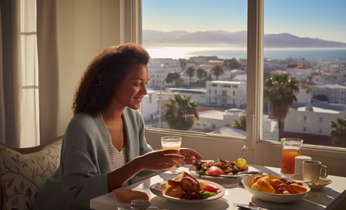 A woman sitting at a table with food