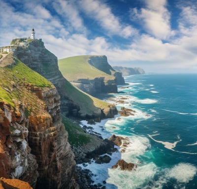 A lighthouse on a cliff overlooking the ocean