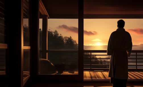 A person standing in front of a window with a view of the sun setting in Cape Town