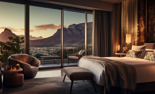 A bedroom with a large bed and a view of the mountains