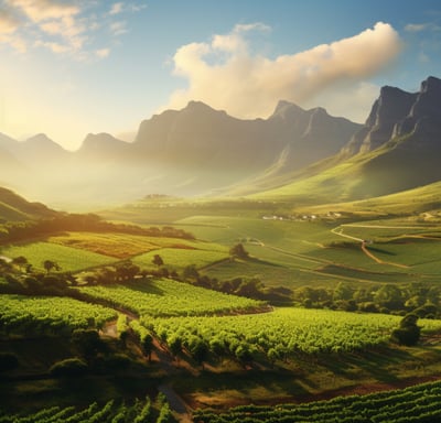 A scenic view of a mountain range and vineyard
