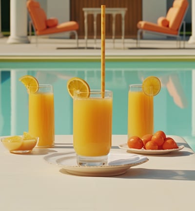 Orange juice and lemonade by a poolside table