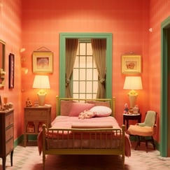 Pink-walled bedroom featuring green furniture, offering a lively and colorful decor