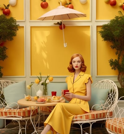Lady inyellow dress seated on chair with umbrella.