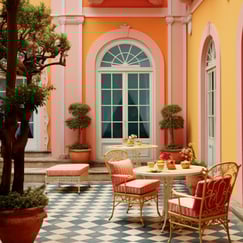 A vibrant courtyard adorned with tables and chairs, creating a lively and inviting atmosphere.