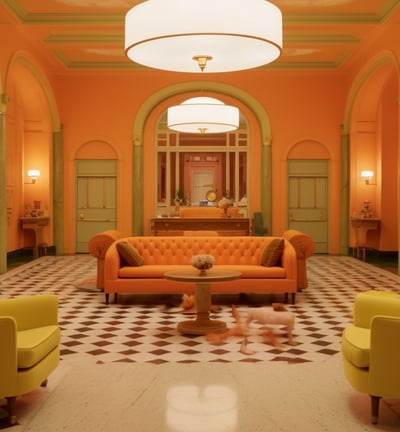 A lobby with vibrant orange furniture and a grand chandelier hanging from the ceiling.