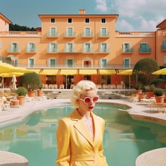 A stylish woman in a yellow suit and sunglasses poses confidently by a pool, exuding elegance and charm.