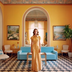 Yellow-dressed woman in room with blue couches.