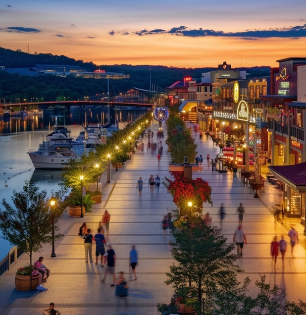 Visitors enjoying a lively evening walk at Branson Landing, with the waterfront promenade aglow with Visitors enjoying a lively evening walk at Branson Landing, with the waterfront promenade aglow with