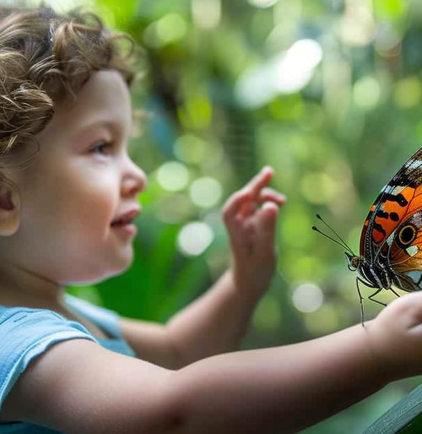 A child marveling at a butterfly at The Butterfly Palace, capturing a moment of natural wonder. A child marveling at a butterfly at The Butterfly Palace, capturing a moment of natural wonder.