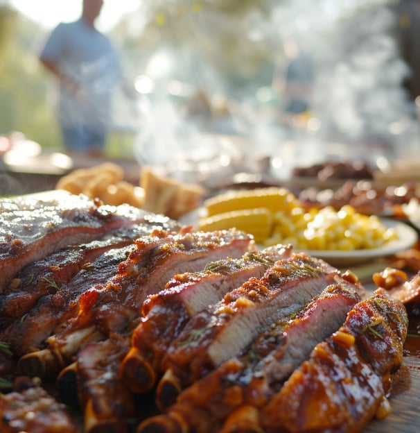 A platter of Missouri-style BBQ being enjoyed outdoors, showcasing the rich flavors and smoky ambian A platter of Missouri-style BBQ being enjoyed outdoors, showcasing the rich flavors and smoky ambian