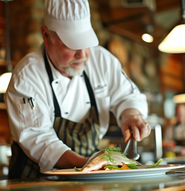 Chef delicately plating a gourmet freshwater fish dish, highlighting the culinary artistry and local Chef delicately plating a gourmet freshwater fish dish, highlighting the culinary artistry and local