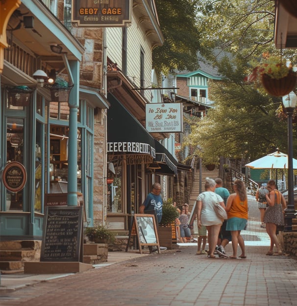 Tourists exploring the vibrant and historic streets of Eureka Springs, immersed in the town's unique Tourists exploring the vibrant and historic streets of Eureka Springs, immersed in the town's unique