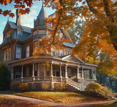 Stately Victorian-style inn with a welcoming porch, turret, and bay windows, surrounded by the rich 