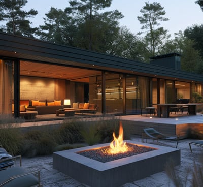 Contemporary cabin retreat featuring a modern design and outdoor fire pit, creating a cozy atmospher