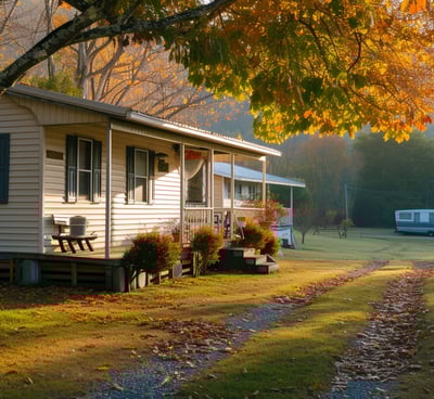 Classic mobile home with a charming porch, situated in a tranquil, sunlit natural landscape.