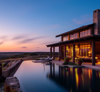 Elegant resort-style lodge with rustic charm, an outdoor pool, and seating area, basking in the warm