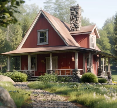 Warm red vacation cabin with a stone base and a large front porch, nestled in a verdant landscape on