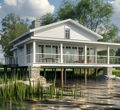 Stilted white lake house with a wooden deck and stone foundations, set against a clear sky and lush 