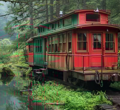 Vintage red and green train caboose repurposed as unique lodging, surrounded by dense forest and nea