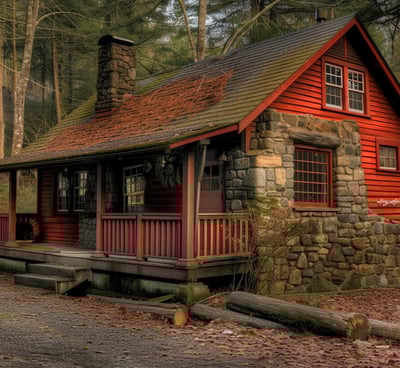 Rustic red cabin with a cozy front deck and stone detailing, nestled in a peaceful wooded setting.
