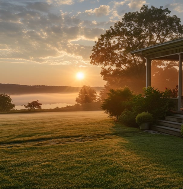 High-definition image of a peaceful morning in Indian Point, with guests enjoying coffee on a cozy p High-definition image of a peaceful morning in Indian Point, with guests enjoying coffee on a cozy p