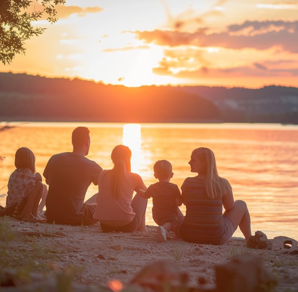 Candid, high-definition photo of families enjoying Table Rock Lake at sunset, with the serene water Candid, high-definition photo of families enjoying Table Rock Lake at sunset, with the serene water