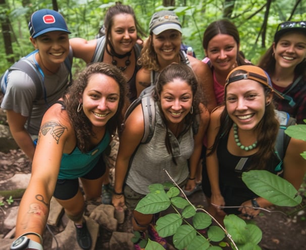 Group of friends discovering the natural trails of the Ozarks, highlighting the area’s lush landscap Group of friends discovering the natural trails of the Ozarks, highlighting the area’s lush landscap