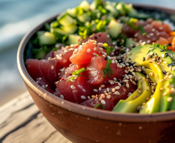 Close-up image of a traditional Hawaiian poke bowl, featuring diced raw tuna, sliced avocado Close-up image of a traditional Hawaiian poke bowl, featuring diced raw tuna, sliced avocado