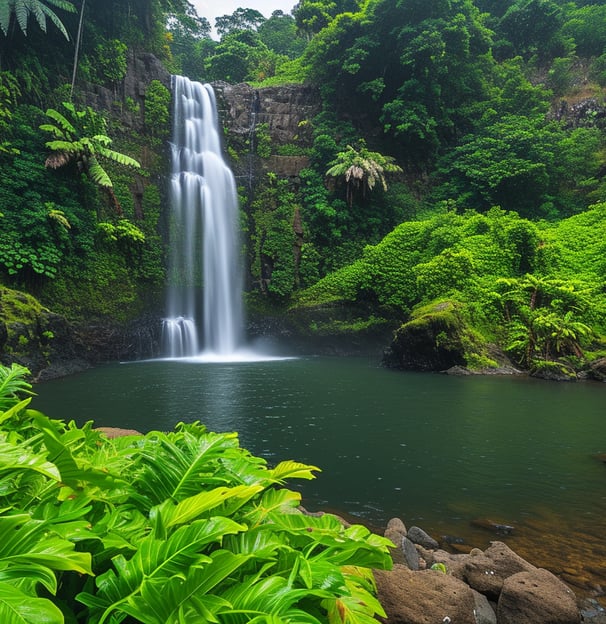 Image of travelers walking through a lush forest path, with vibrant green foliage on both sides