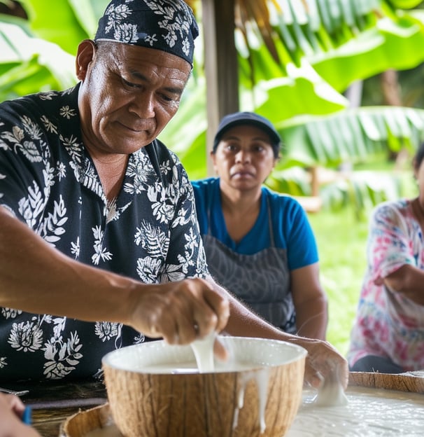 Image capturing a hands-on cooking class in a tropical setting, with an instructor pouring ingredien
