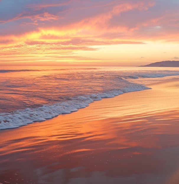 Image of a serene beach at sunset, with the sky painted in brilliant shades of pink and orange above