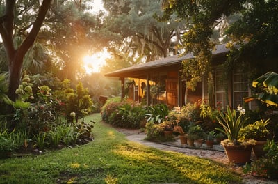 Elegant house with a vibrant garden and trees, epitomizing luxury and tranquility in the scenic backdrop of Bradenton.