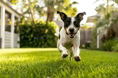A playful dog sprints on the verdant grass of a yard, capturing the essence of joy and vitality in nature.