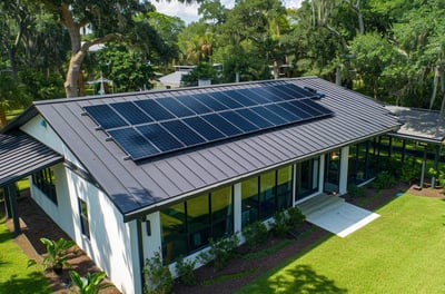 A luxurious home featuring solar panels on the roof, showcasing modern sustainability and elegance in design.