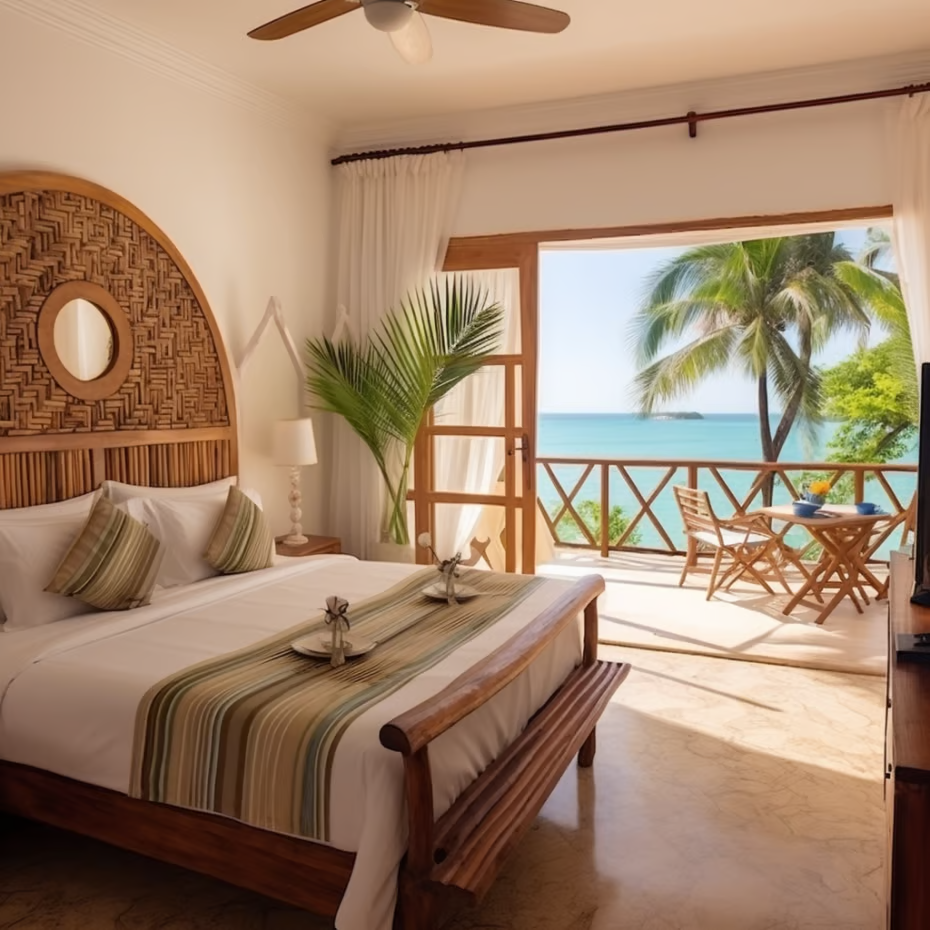 A bedroom with a bed with a view of the sea