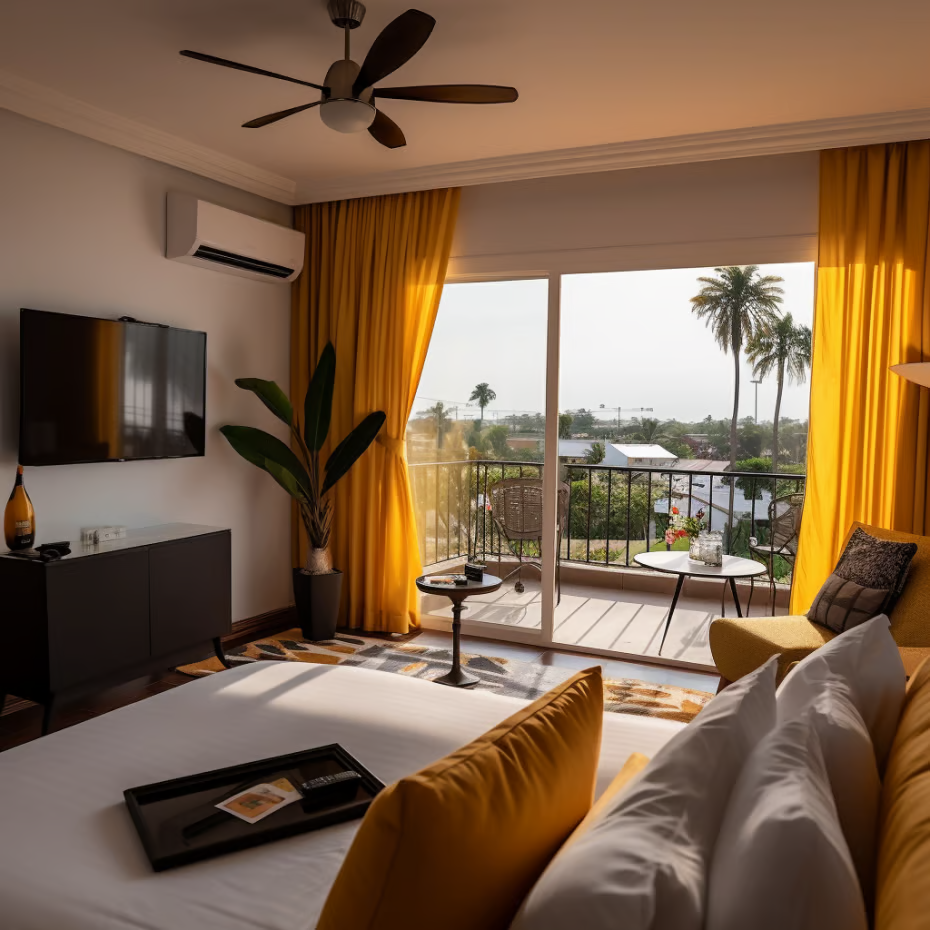 A bedroom with a bed, television, and a television