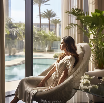 A woman sitting in a chair in a room with a pool and a pool