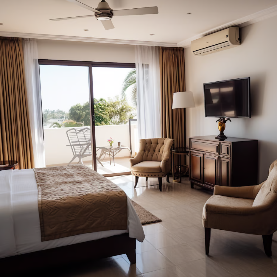 A bedroom with a bed, chair, and television