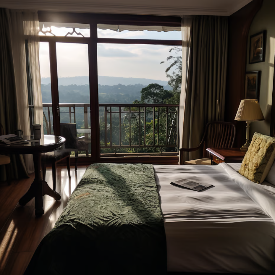A bedroom with a balcony overlooking the mountains