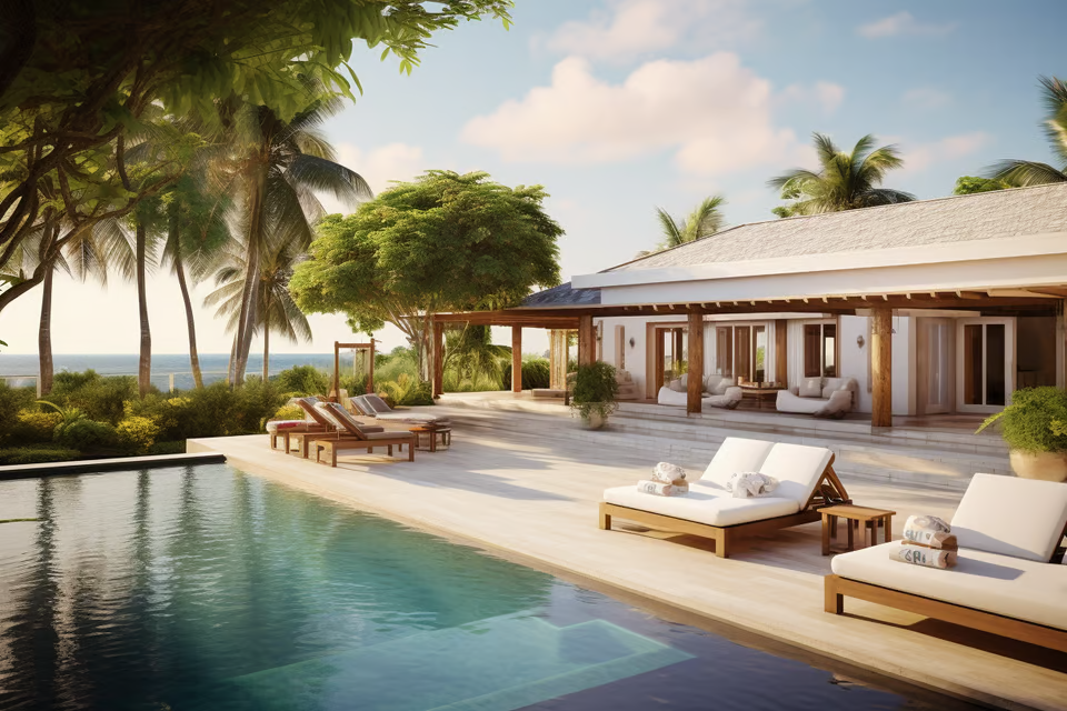 A large pool with lounge chairs and a view of the ocean A large pool with lounge chairs and a view of the ocean