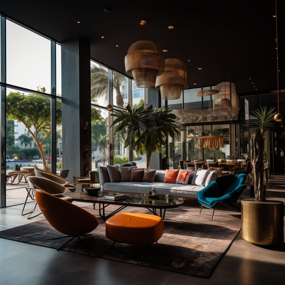A lounge area with couch and chairs