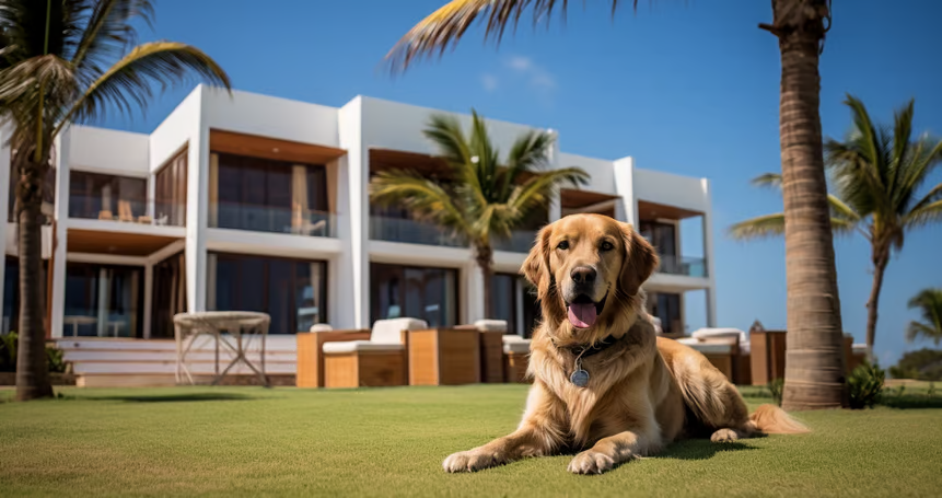 A dog laying on the grass in front of a house