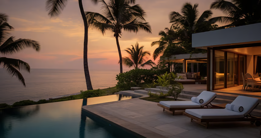A pool with lounge chairs and palm trees