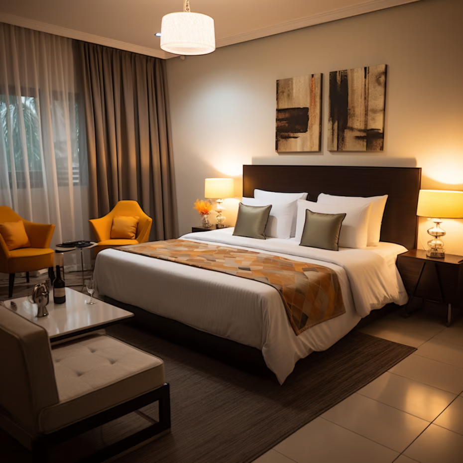 A bedroom with a bed and chairs and a couch